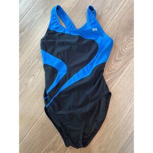 TYR Womens One-Piece Swimsuit Black & Blue Size 38 Open Back Racerback TYReco™ W